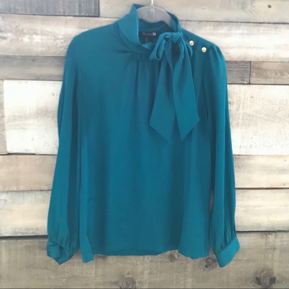Teal blue side tie blouse gold buttons - Picture 2 of 5